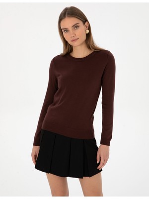 Pierre Cardin Kadın Kahverengi Slim Fit Bisiklet Yaka Basic Kazak 50315758-VR029