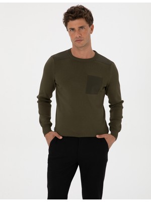 Pierre Cardin Erkek Koyu Haki Regular Fit Bisiklet Yaka Triko Kazak 50315762-VR111