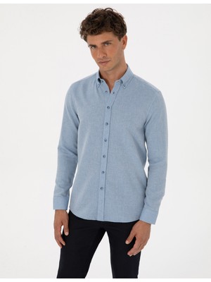 Pierre Cardin Erkek Mavi Slim Fit Dokulu Uzun Kollu Gömlek 50316768-VR036