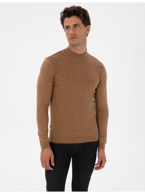 Pierre Cardin Erkek Camel Melanj Slim Fit Yarım Balıkçı Yaka Triko Kazak 50318128-VR122