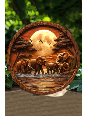 20 x 20cm Dekoratif Ahşap Duvar Süsü – Filler ve Dolunay Tasarımı DT094