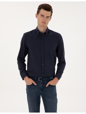 Pierre Cardin Erkek Lacivert Flanel Dokulu Slim Fit Uzun Kollu Gömlek 50316751-VR033