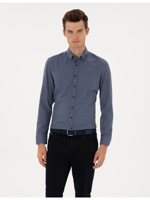 Pierre Cardin Erkek Koyu Mavi Flanel Dokulu Slim Fit Uzun Kollu Gömlek 50316751-VR032