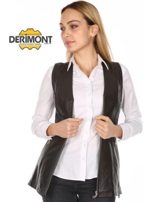 Hakiki Kuzu Derisi Siyah Uzun Neymar Kadın Deri Yelek