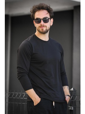 Oksit Betti Slim Fit Bisiklet Yaka Erkek Uzun Kol Tişört Günlük Kullanım İçin Siyah