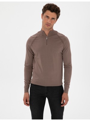 Pierre Cardin Erkek Vizon Slim Fit Dik Yaka Fermuarlı Triko Kazak 50315752-VR052