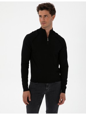 Pierre Cardin Erkek Siyah Slim Fit Dik Yaka Fermuarlı Triko Kazak 50315752-VR046