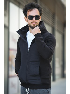 Fokt Üç Ip Şardonlu Parça Detaylı Gizli Kapüşonlu Erkek Sweatshirt
