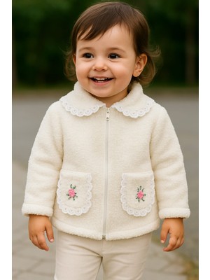 Kız Çocuk Kuzu Welsoft Nakışlı  Arkası Atkılı Hırka Yumuşak Dokulu