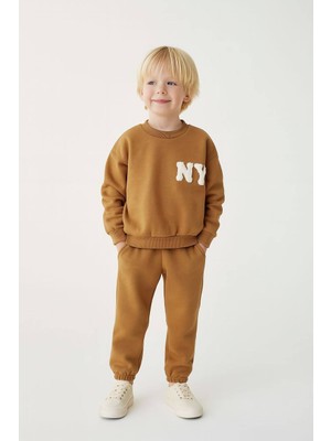 Erkek Çocuk Laciel Paris Hardal "ny" Nakışlı Sweatshirt Eşofman Alt-Üst Takım - Rahat Kalıp