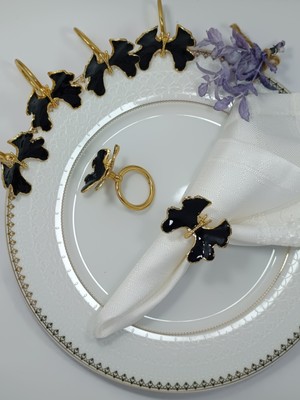 6'lı  Gold Kaplama Siyah Mineli Halka Peçete Yüzüğü