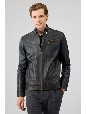 Felibe Erkek Siyah Hakim Yaka Vintage Deri Ceket 25WGE6432VD