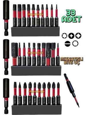 33 Parça Mıknatıslı Bits Uç Yıldız Düz Torx Hex S2 Çelik 50 mm Matkap Uç