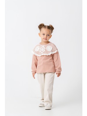 Kız Çocuk Pamuklu Pudra Dantel Yaka Uzun Kollu Bluz - Şık Günlük Stil