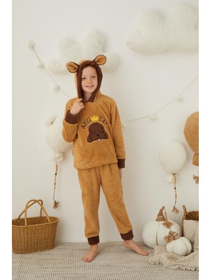 Erkek Çocuk Kahverengi Peluş Polar Pijama Takımı - Kapüşonlu 43307