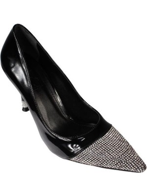 Yazkış Kadın Siyah Gümüş Cilt Önü ve Topuğu Taşlı 9cm Ince Topuk Stiletto Ayakkabı