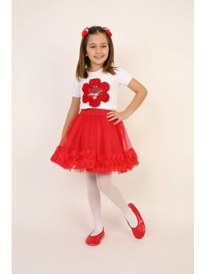 Ende Store Kırmızı Tül Detaylı Etek Çiçekli T-Shırt Kız Çocuk Alt-Üst Takım 23 Nisan 19 Mayıs 29 Ekim Özel Güngösteri Kıyafetleri