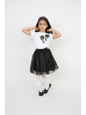 Ende Store Kız Çocuk Takım 23 Nisan 19 Mayıs 29 Ekim  10 Kasım Simli Etek Siyah Çicekli Badi  Tütü Etek Gösteri Kıyafeti