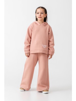 Kız Çocuk Pamuklu Pudra Kapüşonlu Sweatshirt ve Bol Paça Eşofman Takım