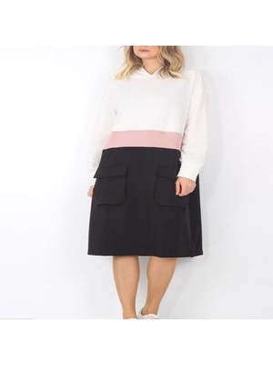 Kapüşonlu Torba Cep Beyaz Siyah Somon Renk Sweatshirt Elbise