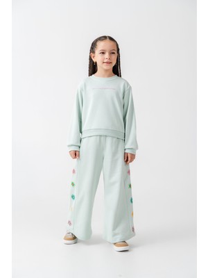 Kız Çocuk Pamuklu Mint Yeşil Çiçek Nakışlı Sweatshirt ve Eşofman Takım