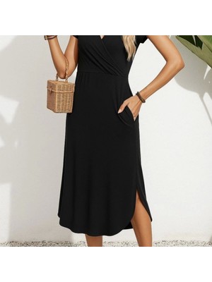 Mdb Kadın Kısa Kollu Hakim V Yaka Viskon Elbise