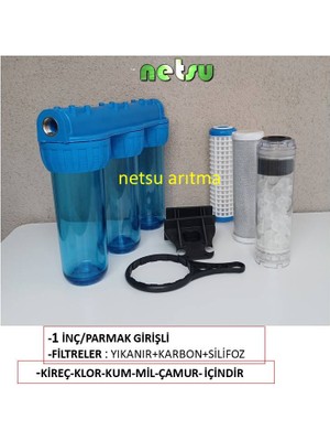 1 inç/parmak girişli-Daire, Bina Girişi Su Arıtma Cihazı, Silifozlu 3 lü Filtre Kabı ve Filtresi.