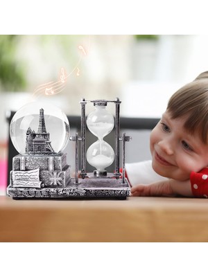Isme Özel Müzikli Kar Küresi ve Kum Saati Dekoratif Biblo – Eiffel Kulesi Tasarımlı, 16X13X8 cm