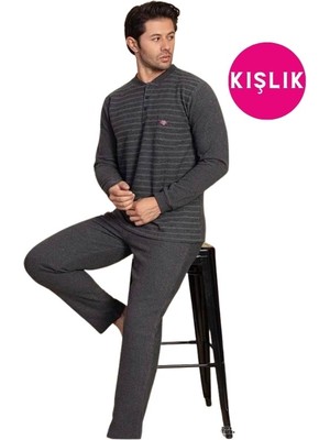 Guava Erkek 3 Düğme Uzun Kol Göğüs Cepli Selanik Kumaş Kışlık Kalın Cepli Pijama Takımı