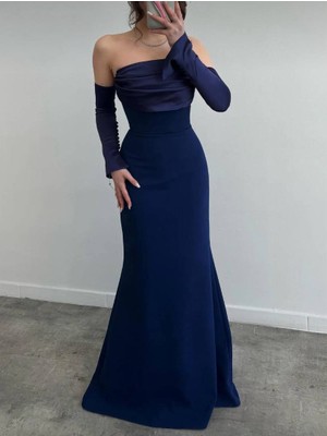 Kadın Yakası Saten Drape Detaylı Saten Düğmeli Kollu Balık Kesim Düğün Davet Mezuniyet Elbisesi