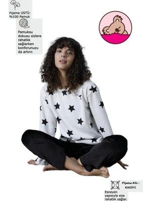 Kadın Desenli Bisiklet Yaka Oversize Interlok Pamuklu Üst Kadife Alt Kışlık Pijama Eşofman Takım