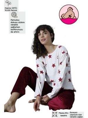 Kadın Desenli Bisiklet Yaka Oversize Interlok Pamuklu Üst Kadife Alt Kışlık Pijama Eşofman Takım