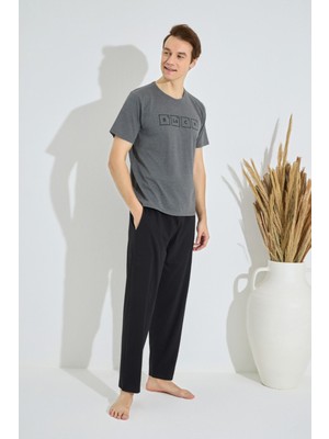 Erkek Mavi Bisiklet Yaka Kısa Kol Yuvarlak Yaka Cepli Yazlık Pamuklu Pijama Takımı