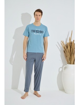 Erkek Mavi Bisiklet Yaka Kısa Kol Yuvarlak Yaka Cepli Yazlık Pamuklu Pijama Takımı