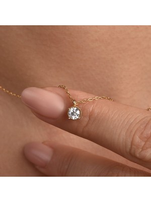 925 Ayar Gümüş Altın Kaplama 5mm Yuvarlak Minimal Tek Taş Kolye - CNS00659