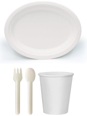 Ekolojik 96 Kişilik Parti Piknik Sofra Sunum Seti - 28X20 Cm. Oval Tabak Bardak Çatal Kaşık Takımı