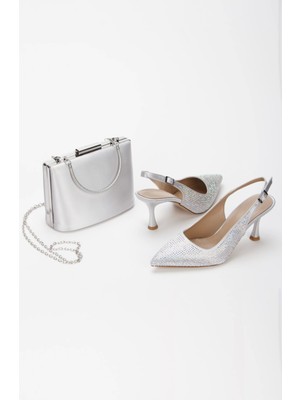 Kadın Taş Işlemeli Ince Topuklu Gece Ayakkabısı ve Çanta Takımı Gümüş