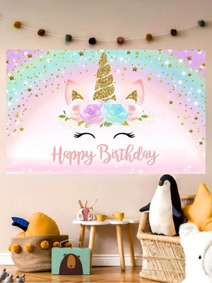 Bkmc Party Unicorn Temalı 60X100 cm Doğum Günü Afişi Arka Fonu Vinil Branda 1 Parça Parti Süsü
