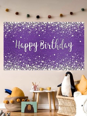 Mor Temalı Özel Doğum Günü Afişi Arka Fonu 60X100 Vinil -Branda -Pankart Doğum Günü Parti Seti Süsü