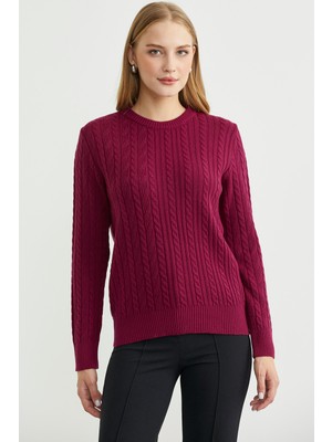 Sıfır Yaka Motif Detaylı Triko Kazak - Bordo