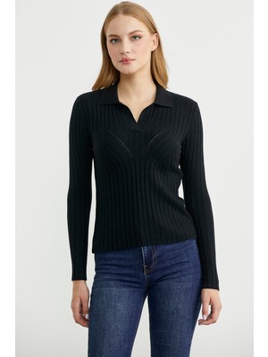 Polo Yaka Fitilli Triko Kazak - Siyah