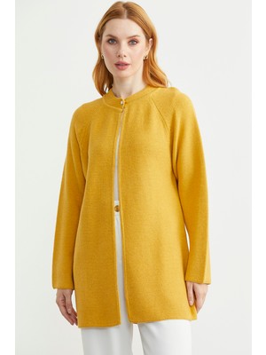 Sıfır Yaka Yünlü Uzun Triko Hırka - Güneş