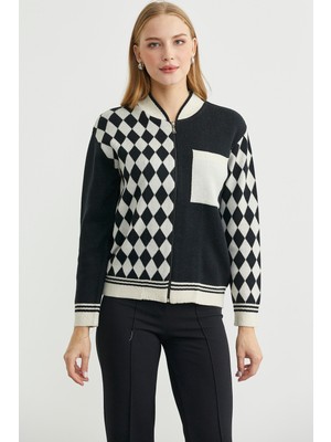 Fermuarlı Baklava Motifli Triko Hırka - Taş