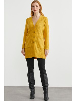 Cepli Uzun Yünlü Triko Hırka - Güneş