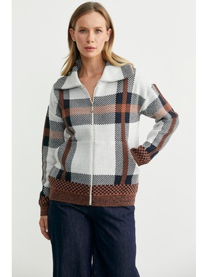 Ekose Blok Geçişli Yünlü Triko Hırka - Taba