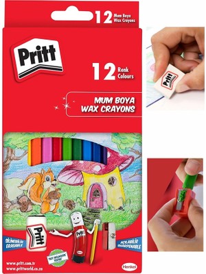 Mum Boya 12 Renk 1 Paket Karton Kutulu Pritt 12 Li Mum Boya Kalemi Silinebilir Zararsız Yıkanabilir