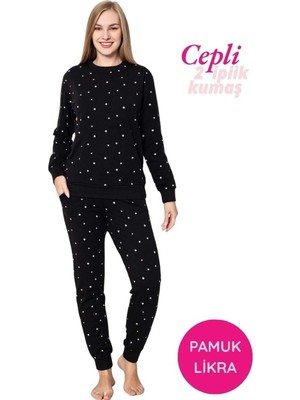 Bie's Kadın Siyah Beyaz Puantiye Bisiklet Yaka Bilek Manşet/Lastikli 2 İplik Cepli Kışlık Pijama Takımı Homewear