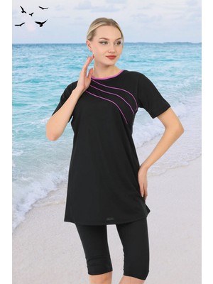 Biyeli Kısa Kollu Likralı Siyah Yarı Kapalı Tesettür Mayo Takım