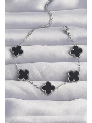 316L Çelik Gümüş Renk Siyah Mineli Yonca Bileklik