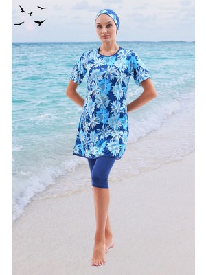 Lacivert Desenli Kısa Kollu Likralı Yarı Kapalı Kadın Tesettür Mayo Takım